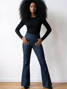 DKNY Jeans Flare Womens Blue Dark Wash Mid Rise Slim Stretch Hem Slit Sz XL